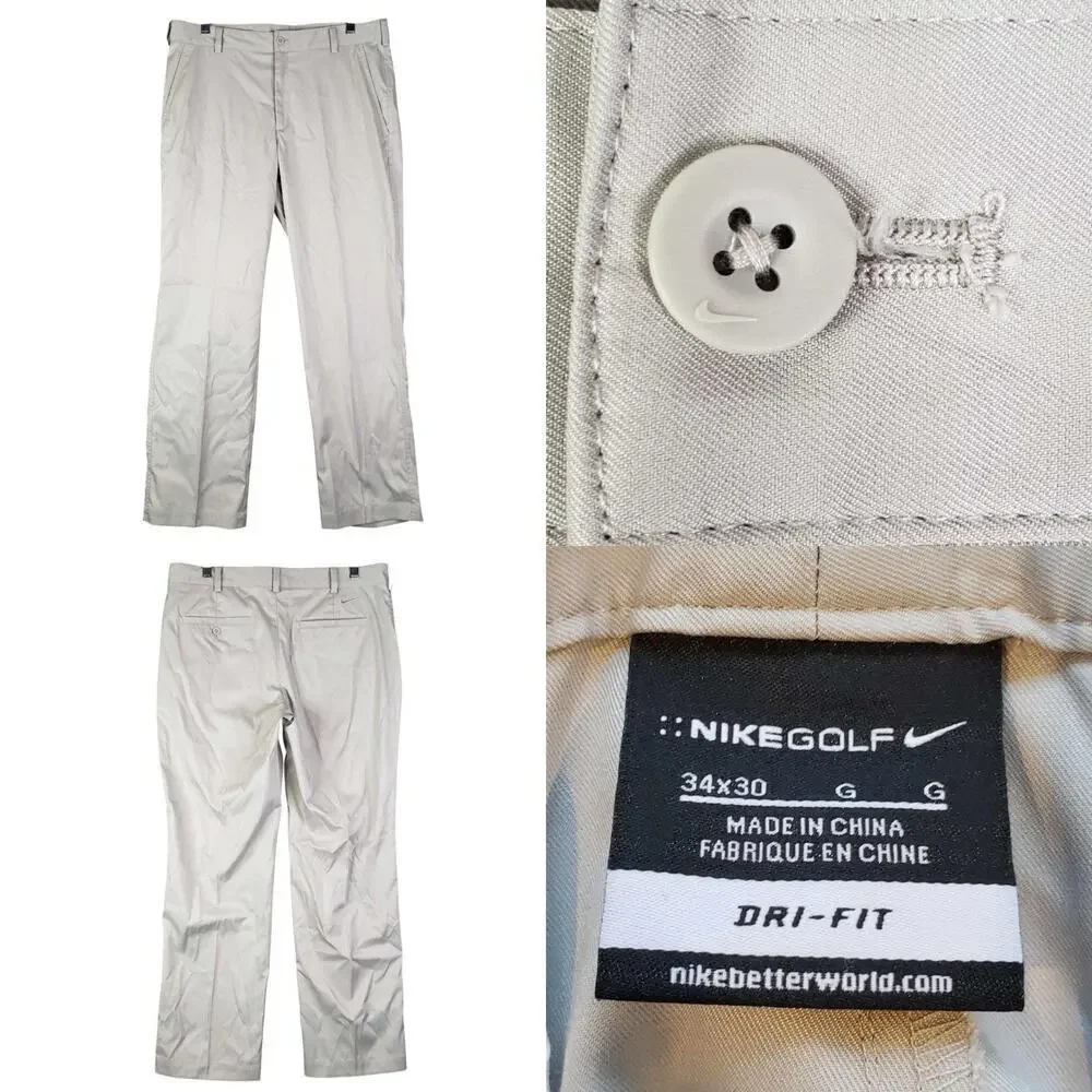 Nike Dri-Fit Golf Pants 34X30 Khaki Tan Flat Front Chino Straight Performance